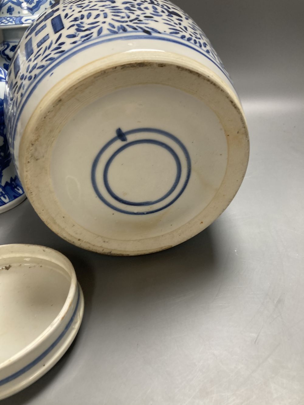 A Chinese famille rose dessert dish, 27cm, assorted Chinese blue and white porcelain and a delft ware hanging candle lantern, 26cm